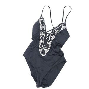 BECCA Black White Clare Crochet Plunge One Piece Swimsuit Women Size Large